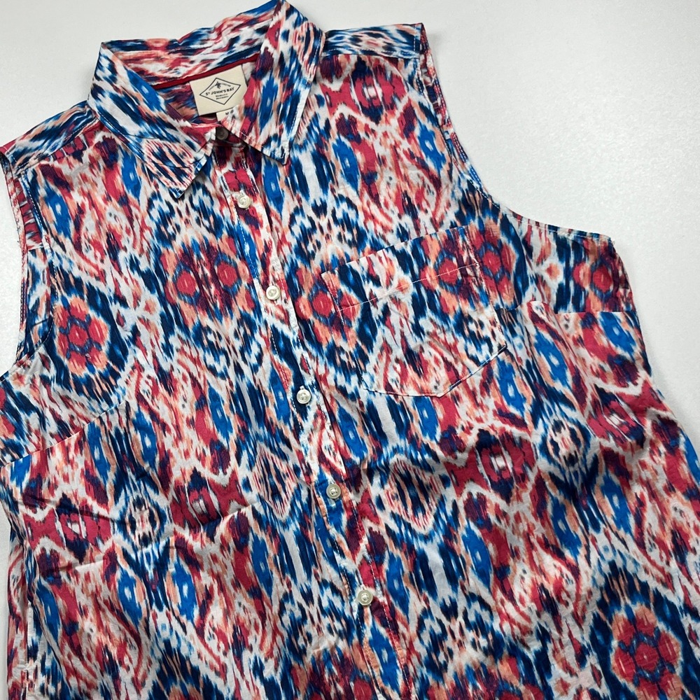 St Johns Bay Blurred Ikat Inspired Sleeveless Button Down Shirt Sz M Cotton Top